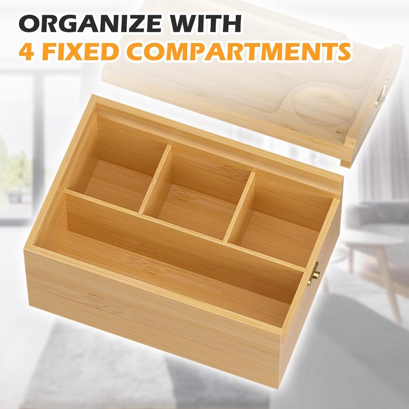 promitop Bamboo Storage Box with Lid – Wooden Organizer with 4 Compartments, Sliding Cover & Metal Clasp Lock, Multi-Purpose Rectangular Stash Box, Eco-Friendly Bamboo Box for Home & Office - Image 3